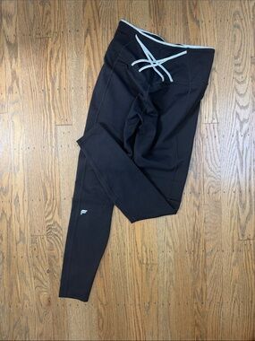 Fabletics Black Leggings with Silver Shimmer Trim Waistband